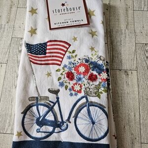 Storehouse Americana Bicycle Floral Kitchen Towel 2 Piece Set - White, Blue, Red